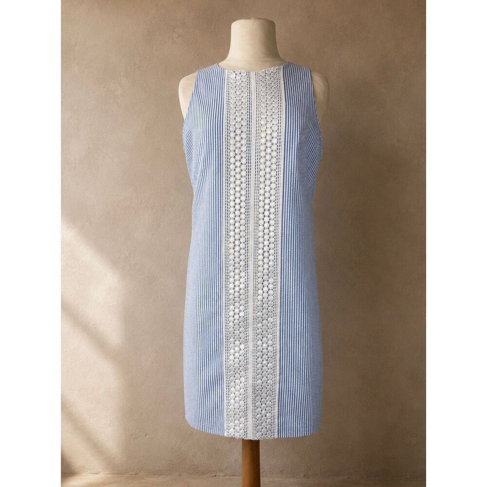 London Times Sz 8 Blue White Seersucker Lace Shift Dress Sleeveless Sheath